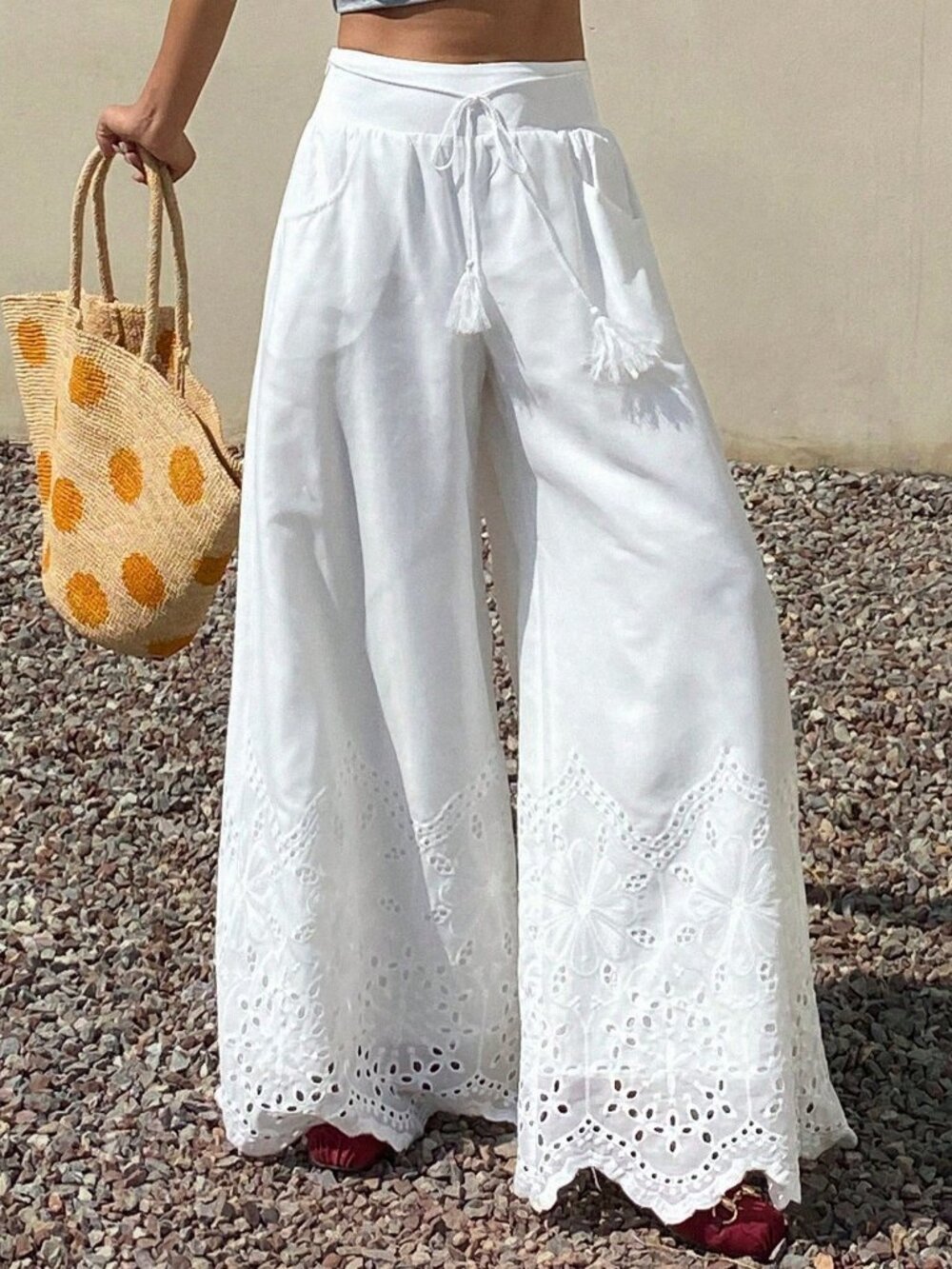 White Casual Women's Lace Hollow Out Tie-Up Pants